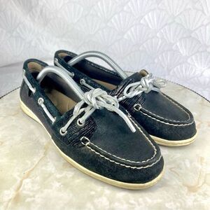 Sperry Shoes Women 7 Black Leather Classic Nautical Driving Slip On Boat Loafers